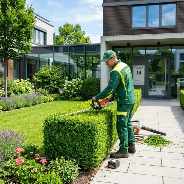 Grünflächenpflege Frankfurt – Gärtner schneidet Hecke an einem Gewerbegebäude in Frankfurt
