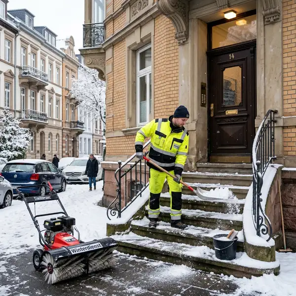 Manual snow removal Frankfurt – winter service worker clearing stairs with snow shovel