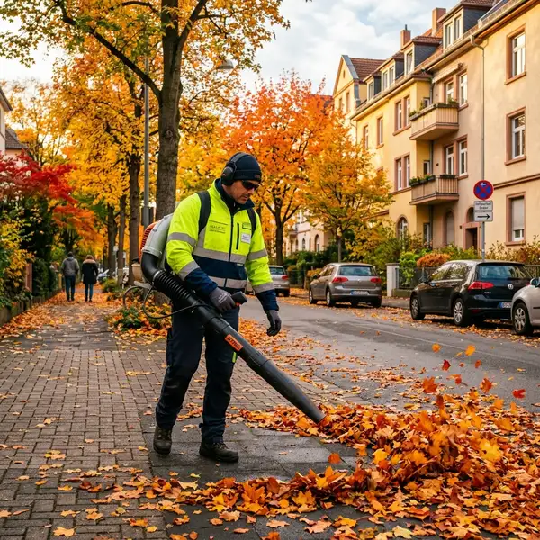 Laubbeseitigung Frankfurt – Mitarbeiter kehrt Herbstlaub von Gehweg und Parkplatz