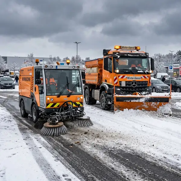 Snow plow Frankfurt – sweeper and plow vehicle in parallel operation on a large parking lot